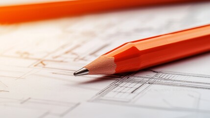 Detailed perspective of an orange pencil resting on architectural plans with clean lines and sketches in a bright workspace. Generative AI