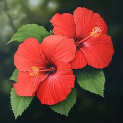 two vibrant red hibiscus flowers in bloom
