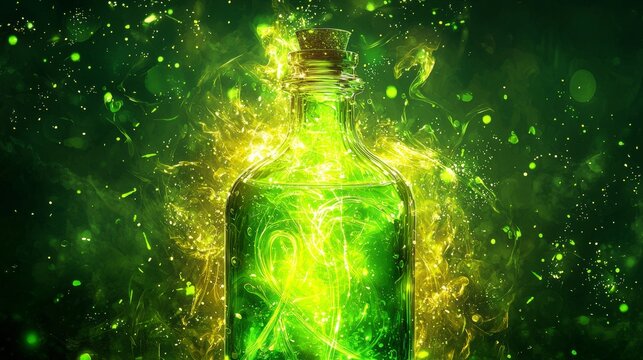 Bright green potion bottle with magical glowing effect in a dark atmosphere showcasing mystical elements and enchantment. Generative AI