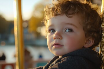 Charming Child with Curly Hair Reflects Innocence and Wonder in a Soft Evening Light on a Fun Carnival Ride by the Water with Beautiful Background Bokeh