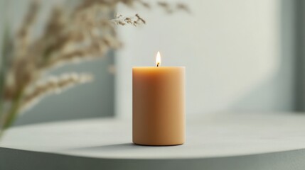 a lit beige pillar candle on a table with dried flowers in the background