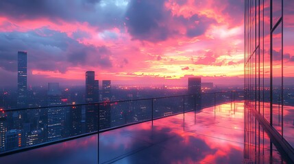 Obraz premium Rooftop Sunset Cityscape Reflection Panorama