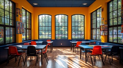Bright classroom with colorful tables and chairs, large windows, and sunlight streaming in.