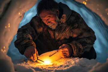 Inuit hunter carving a piece of ivory inside an igloo illuminated by a warm oil lamp.