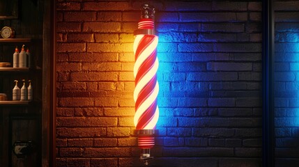 Vintage barber pole illuminated in warm colors at a trendy barbershop setting in the evening. Generative AI