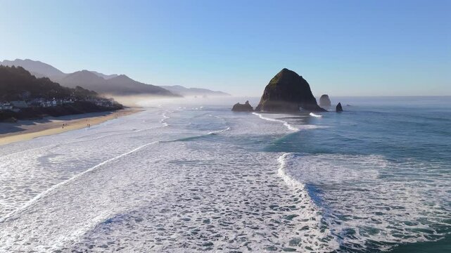 Aerial Approach to Haystack Rock at Cannon Beach, Oregon