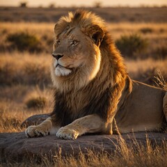 Obraz premium Lion Resting on a Rock at Sunset. male lion in the wild. 