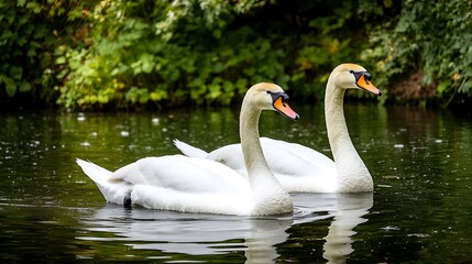 Fototapeta premium Romantic Swans Gliding Together on Tranquil Pond