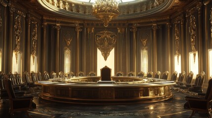 Grand circular meeting room with golden decor, throne, and large windows.