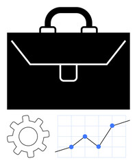 Briefcase highlights professionalism, gear symbolizes process, graph signifies analytics. Ideal for business strategy, teamwork, productivity, career growth, market trends, innovation abstract line