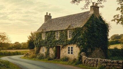 Ivy Covered Stone Cottage Beside Country Road