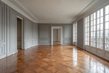 Fototapeta premium A contemporary upscale vacant room showcases a brown parquet floor and classic gray wall panels adorned with sophisticated wall molding, providing plenty of blank space for customization.
