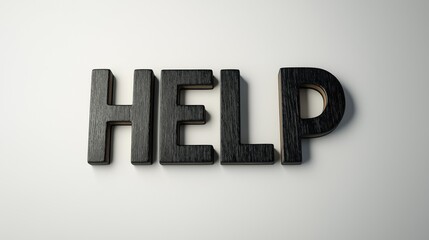 3D black word "HELP" on a white background. 3D matte text "HELP".