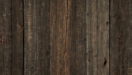Naklejka premium Close-up of dark, textured wooden surface with vertical planks, visible knots, and rustic grain
