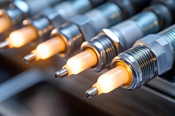 Close-Up of Illuminated Fuel Injectors in a Modern Automotive Engine Setup Showing Precision Engineering and High-Performance Technology for Vehicle Systems
