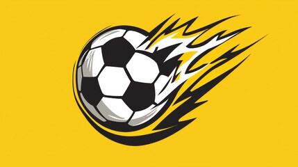 Obraz premium Soccer ball in motion with dynamic flames on bright yellow background showcasing speed and excitement. Generative AI
