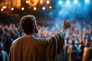 Male adult speaking to audience on stage with dramatic lighting