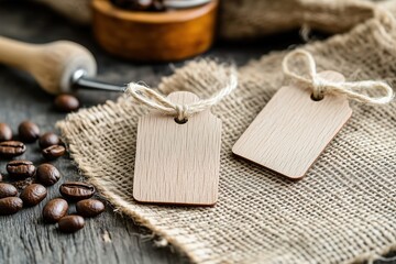 Rustic wooden tags on burlap with coffee beans and scoop in rustic setting