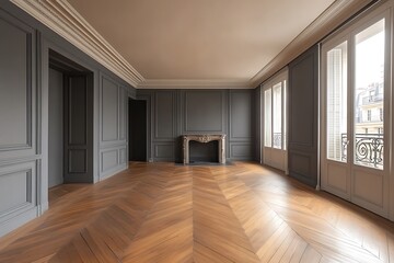Obraz premium A stylish, luxurious empty room features a rich brown parquet floor and timeless gray wall panels, complete with elegant molding details and generous areas for additional design elements.
