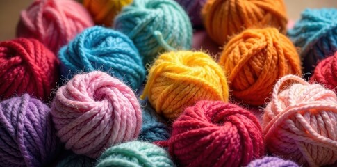 Soft wool yarn balls, assorted shades, studio shot , twisted, colorful