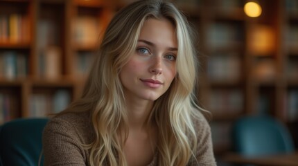 Close-up portrait of a young woman sitting in a cozy, warmly lit library.