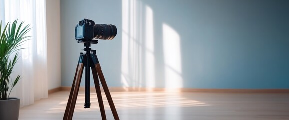 Camera on tripod, empty room, sunlit, video production
