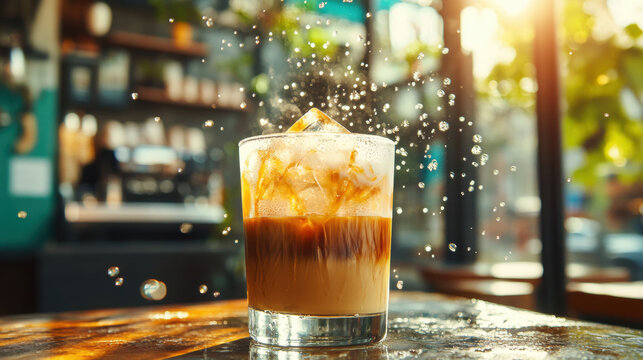Coffee lover, A person enjoying iced coffee in a sunny café, captured in high fidelity, perfect for lifestyle and food-related content.