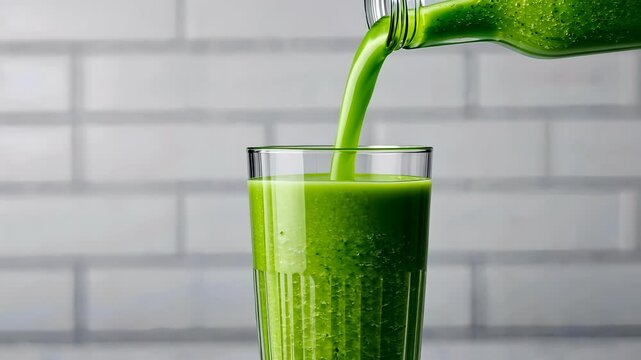Green smoothie streaming into glass, white tiled surface showcasing nutritious beverage detox healthy eating video