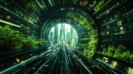 Futuristic Green Cityscape Viewed Through A Circular Tunnel