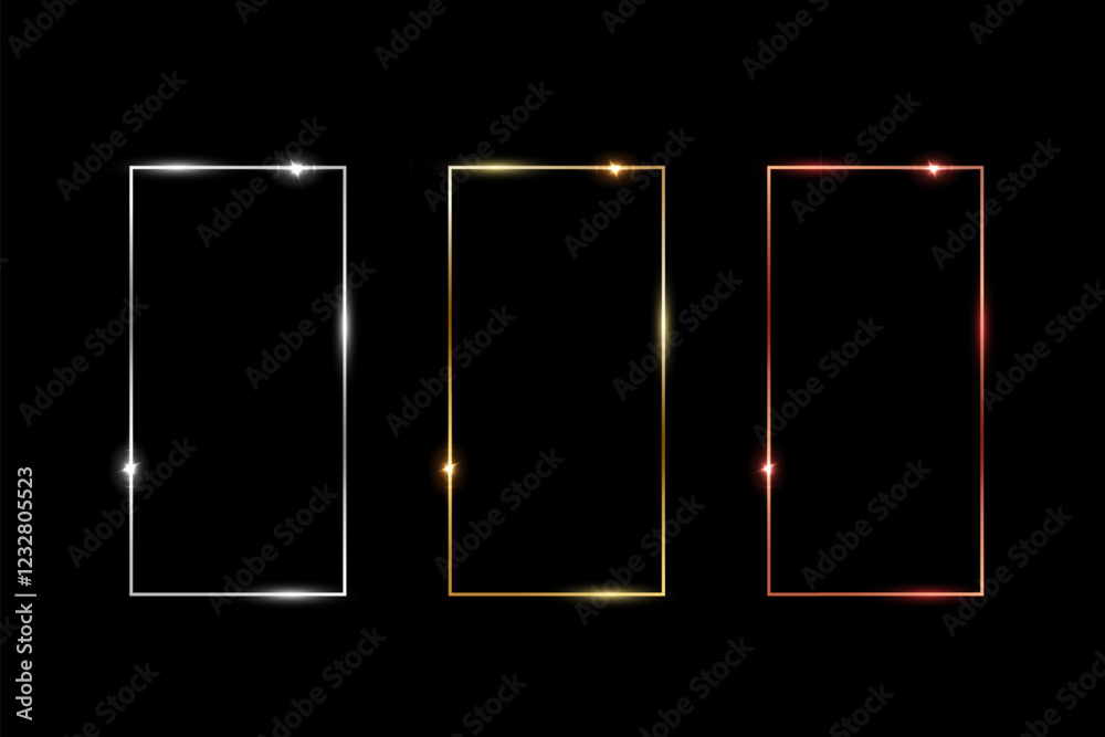 Wall mural gold, silver and bronze rectangle frames. metal thin photo or picture frames isolated on black backg
