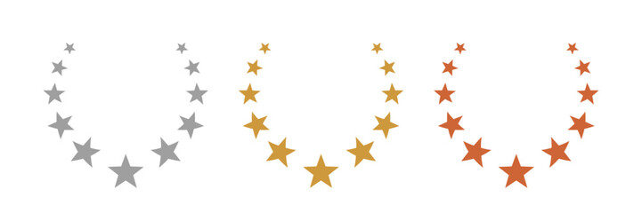 Gold, silver, bronze star laurel wreaths. Winner medal award set vector illustration. Victory symbol, triumph emblem, champion prize isolated on transparent background.