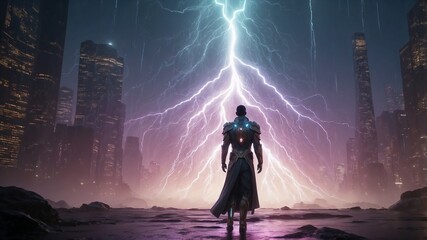 Lightning-Powered Warrior in a Cyberpunk City