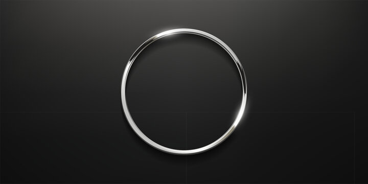 Silver circle thin frame. Blank platinum ring, button, stamp, emblem, sticker, label. Second place metal medal isolated on black background. Realistic 3d vector illustration.
