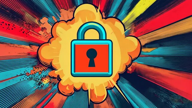 Pop art padlock icon. Colorful background in pop art retro comic style. Pop art animation video.