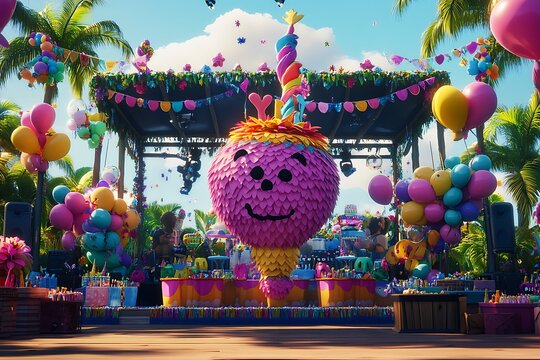 A fun birthday stage featuring a giant balloon pi?+/-ata centerpiece, surrounded by colorful decorations and lively music. - Powered by Adobe