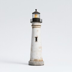 old weathered lighthouse with lit lamp on white background