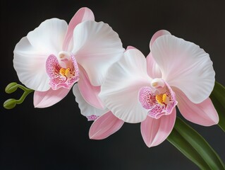 close-up of pink and white orchids on a black background