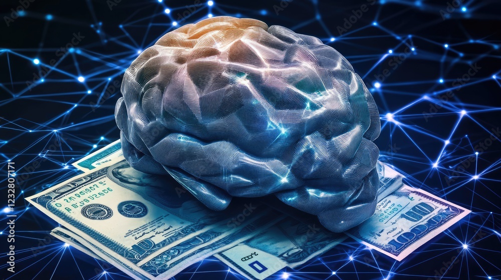 Poster a digital brain rests on a stack of hundred dollar bills