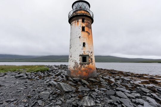 weathered lighthouse stands on rocky shore, surrounded by calm waters and overcast skies, evoking sense of solitude and history