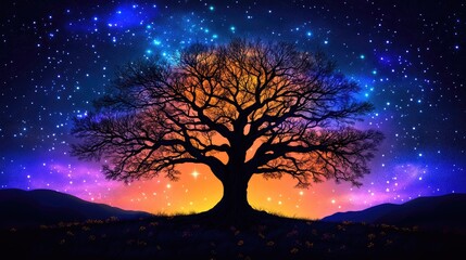 Majestic Silhouette Tree Underneath a Starry Night Sky