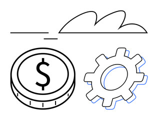 Coin with dollar sign, gear symbolizing progress, abstract cloud for innovation and growth. Ideal for finance, technology, business, productivity, innovation, economy and abstract line flat metaphor