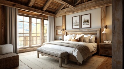 Obraz premium Cozy Rustic Bedroom with Wooden Architecture and Natural Light