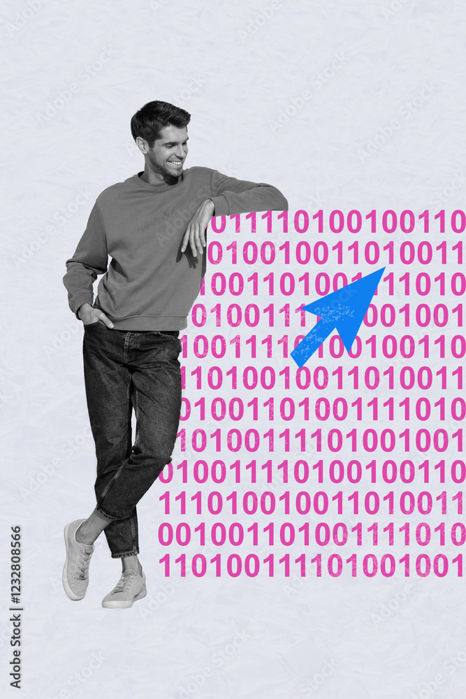 Aufkleber Exclusive image vertical photo collage of happy freelancer man programmer stand cursor point digital cyber code technology