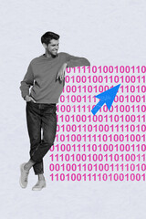 Exclusive image vertical photo collage of happy freelancer man programmer stand cursor point...