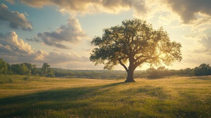 Obraz premium Solitary Tree in Sunset Meadow Landscape