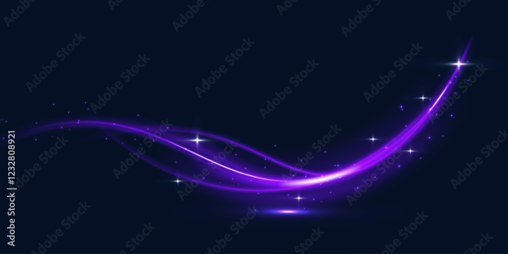 Poster Magical glow. The light effect sparkles in a curved path, sparkling with a shiny magical textured shimmer. Glowing wave of stardust, shiny sparkle magical starlight, isolated set for vector