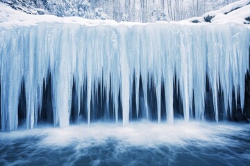 Frozen Waterfall with Icicles in Winter Wonderland Landscape