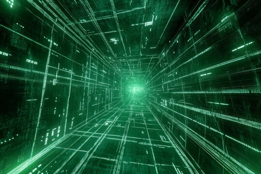 Futuristic Digital Tunnel with Bright Green Light and Binary Code