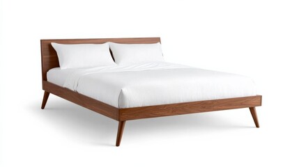 modern walnut wood platform bed with white bedding on white background