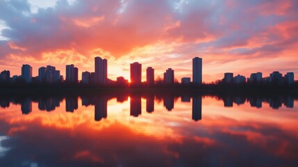 vibrant city skyline reflecting in a lake at sunset